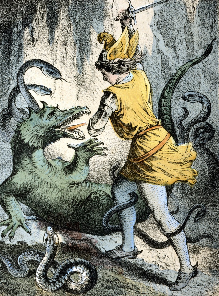 Illustration af Franz Hoffmanns fortællinger "" Tales and Fables"": "" Von Wunderhold und Tausendsch¿n"" (en mand, der dræber et monster eller en drage). Kromolitografi af det 19. århundrede. af German School