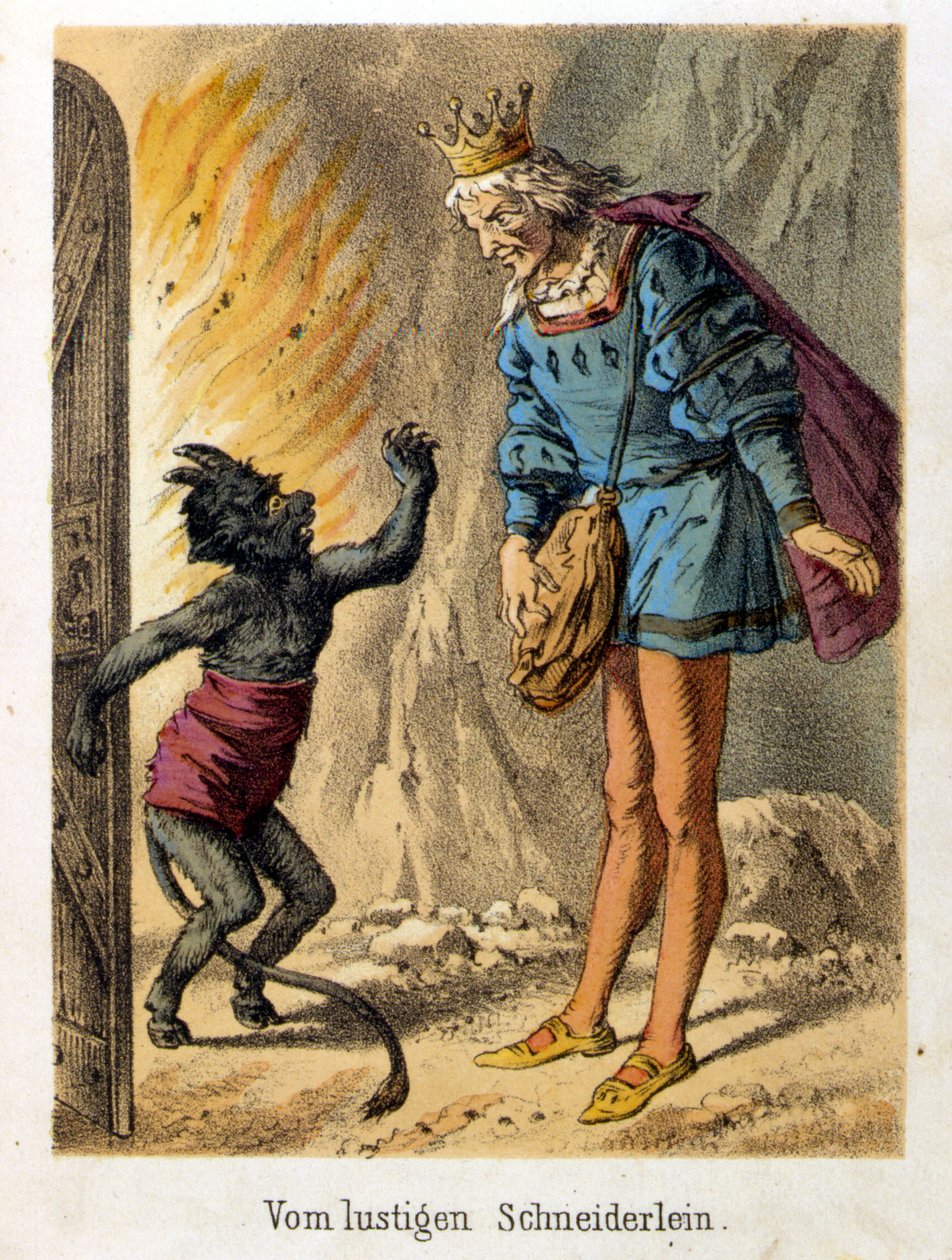Illustration af Franz Hoffmanns fortællinger "" Tales et Fables - Den glade lille skrædder". Kromolitografi af det 19. århundrede. af German School