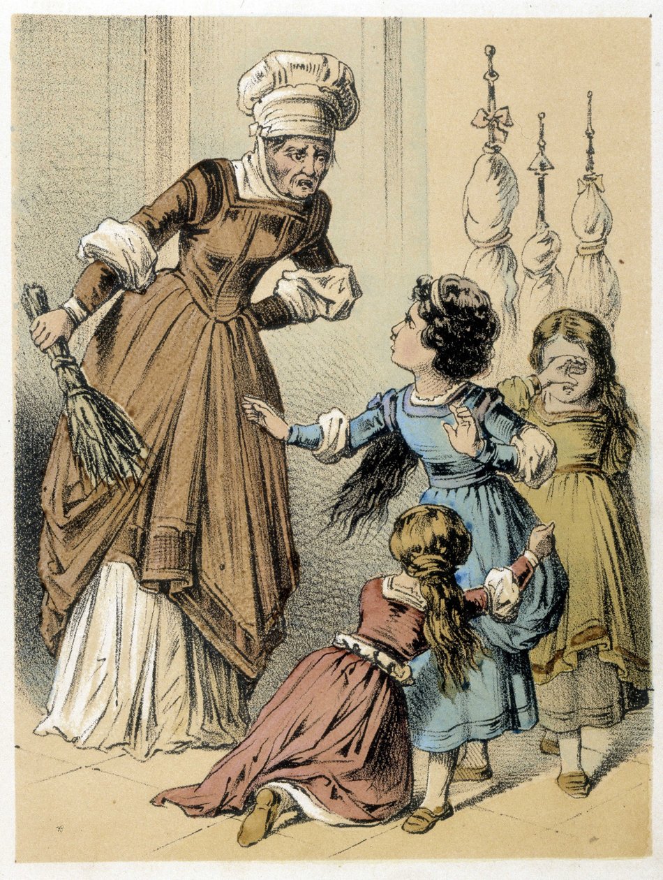 Illustration af Franz Hoffmanns fortællinger "" Tales et Fables - Les 3 Gifts"": en kvinde misbrugte de 3 piger. Kromolitografi af det 19. århundrede. af German School