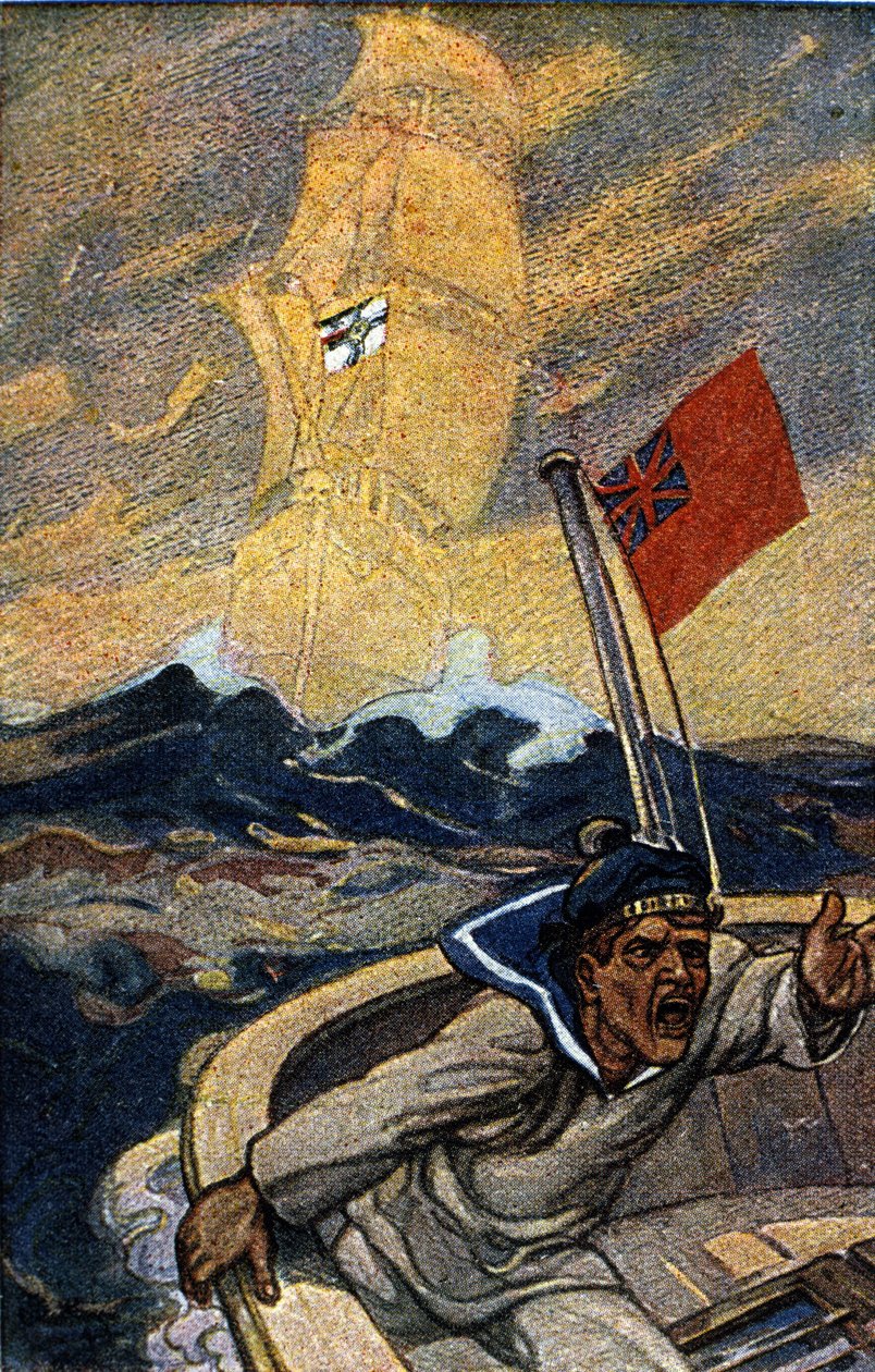 Illustration af tysk propaganda fra magasinet Jugend under 1. Verdenskrig. En engelsk sømand bliver terroriseret over udseendet af et spøgelsesskib, der sejler under Rigets flag. af German School