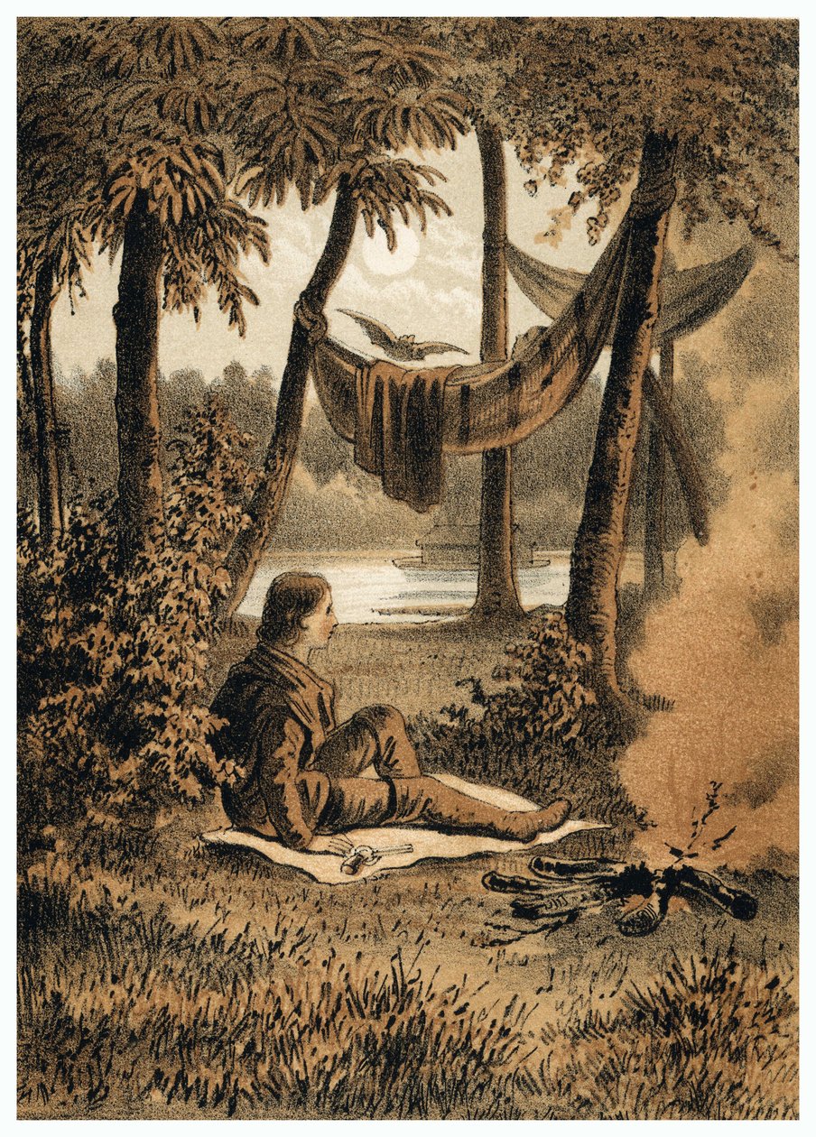 Illustration af europæernes erobring af Amazonfloden, installation af en lejr nær floden. i "" De Bootslieden der Amazon-floden", Karl Muller, Holland af German School