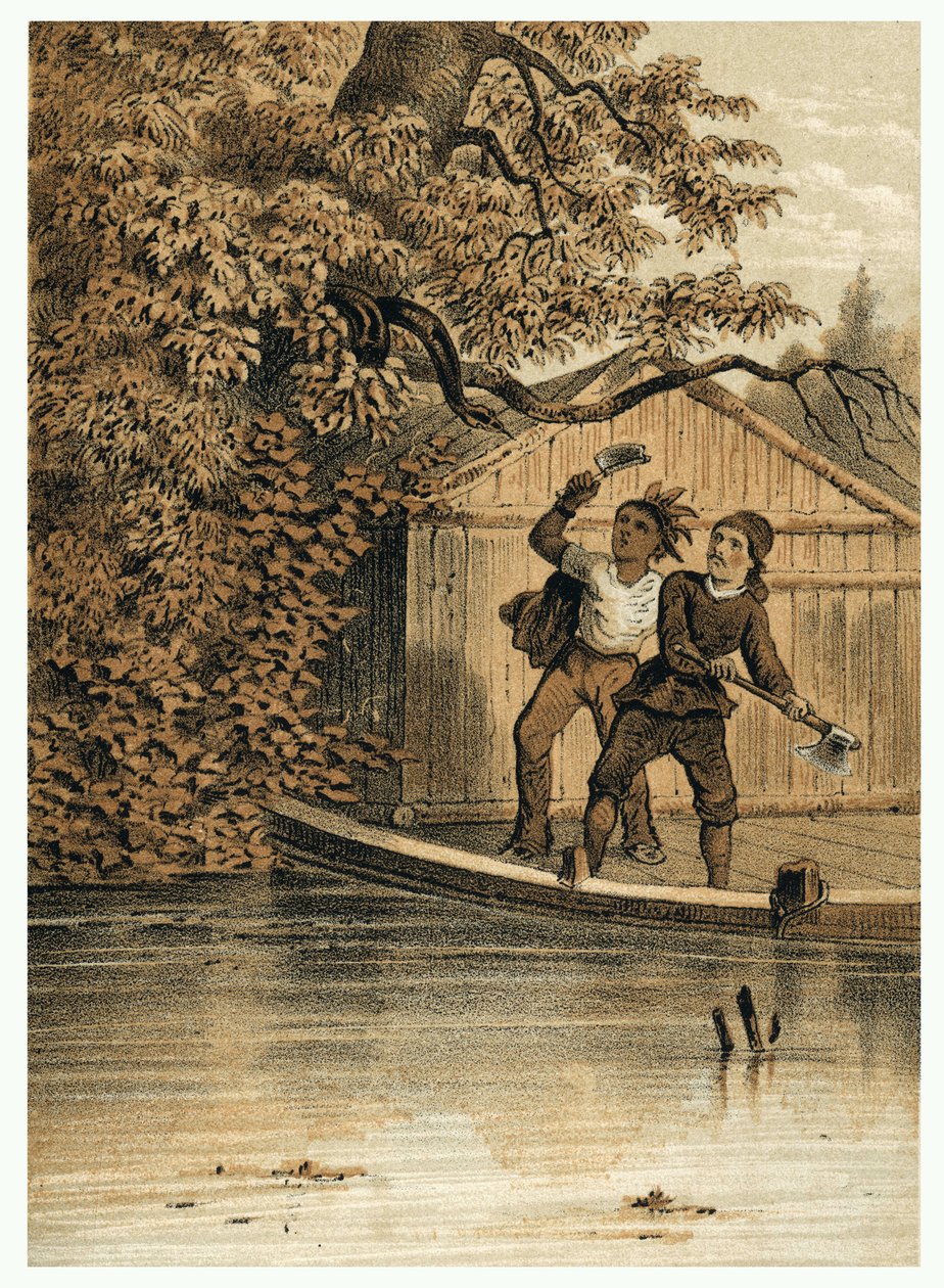 Illustration af erobringen af Amazonas-floden af europæere. i “De Bootslieden der Amazon-River”, Karl Muller, Holland af German School
