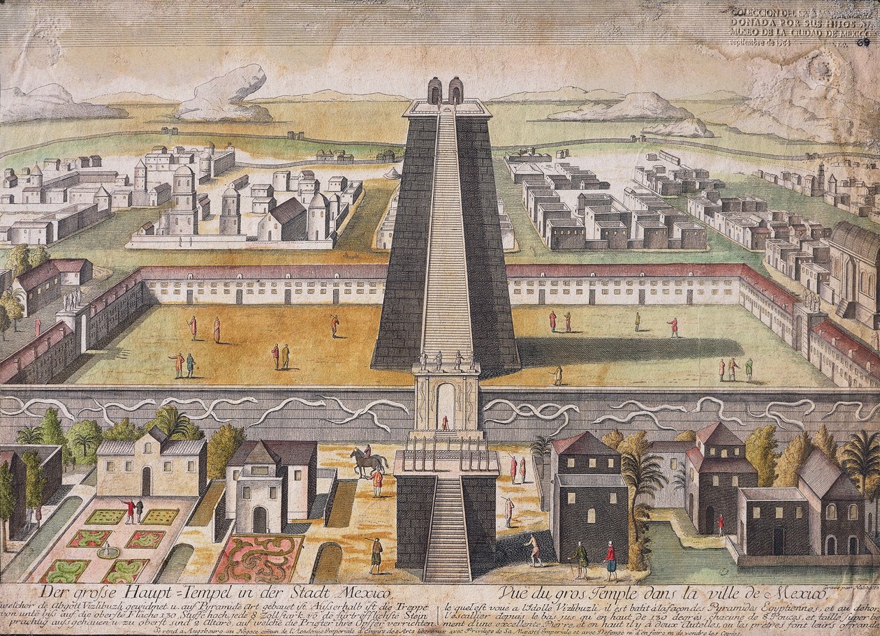 Imaginær rekonstruktion af hovedtemplet (Templo Mayor) i Mexico City (farvet indgravering) af German School