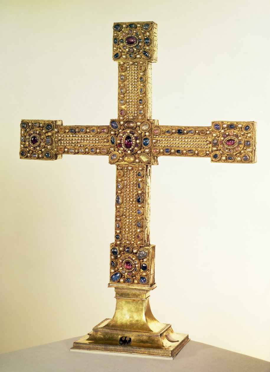 Imperial Cross of the Holy Roman Empire lavet af eg dækket af plader af guld og dekoreret med perler og ædelsten, vesttysk, 1024-25 (eg, guld, ædelsten og perler) af German School