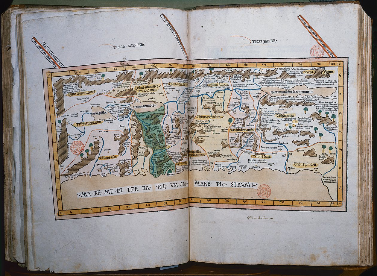Inc. 425 Kort over Det Hellige Land, baseret på beskrivelser og koordinater givet i Cosmographica, af Ptolemæus (Claudius Ptolemaeus af Alexandria) (ca. 90-168 e.Kr.) udgivet i Ulm, Tyskland, af Johann Reger fo af German School