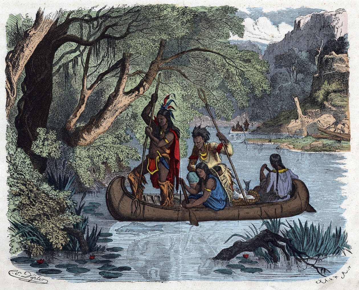 Indianere, der fisker ombord på en kano på en flod i Amerika. I "" Wenn Jemand eine Reise thut, so kann er was erzahlen"" (Når nogen rejser, det er det, han kan fortælle), tysk fortælling af Franz Wiedemann af German School