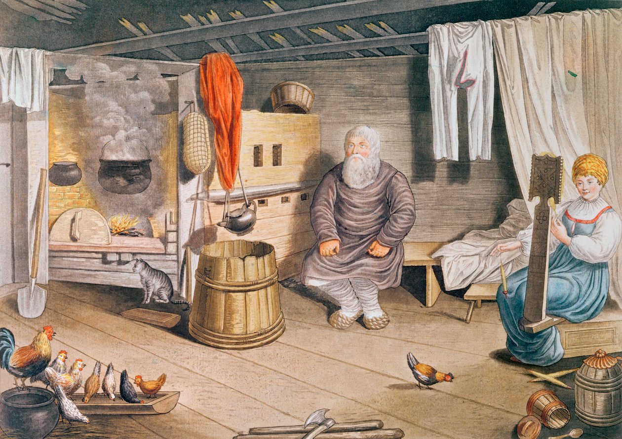 Interiør af en russisk izba, udgivet i Leipzig, 1820 af German School