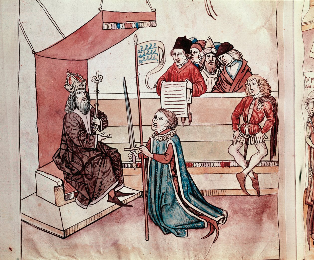 Investitur af en ridder. Miniature fra "Krøniker fra Konciliet i Konstanz" af Ulrich Richental (1360-1437) 1438 ca. Prag, nationalbibliotek af German School