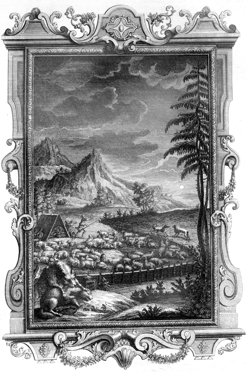 Jakob, den trofaste hyrde, beskytter sin fåreflok mod angreb fra ulve, 1731 (kobberstik) af German School
