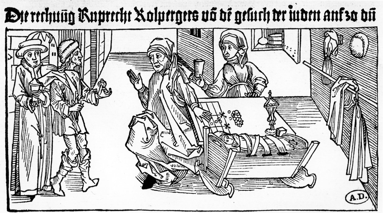 Jødisk pengeudlåner med sin familie, der modtager kunder, 1491 (trægravering) af German School