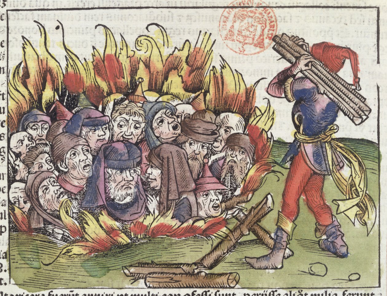 Jøder brændt på bålet, fra Nürnberg-krøniken af Hartmann Schedel (1440-1514), 1493 (farvetræsnit) af German School