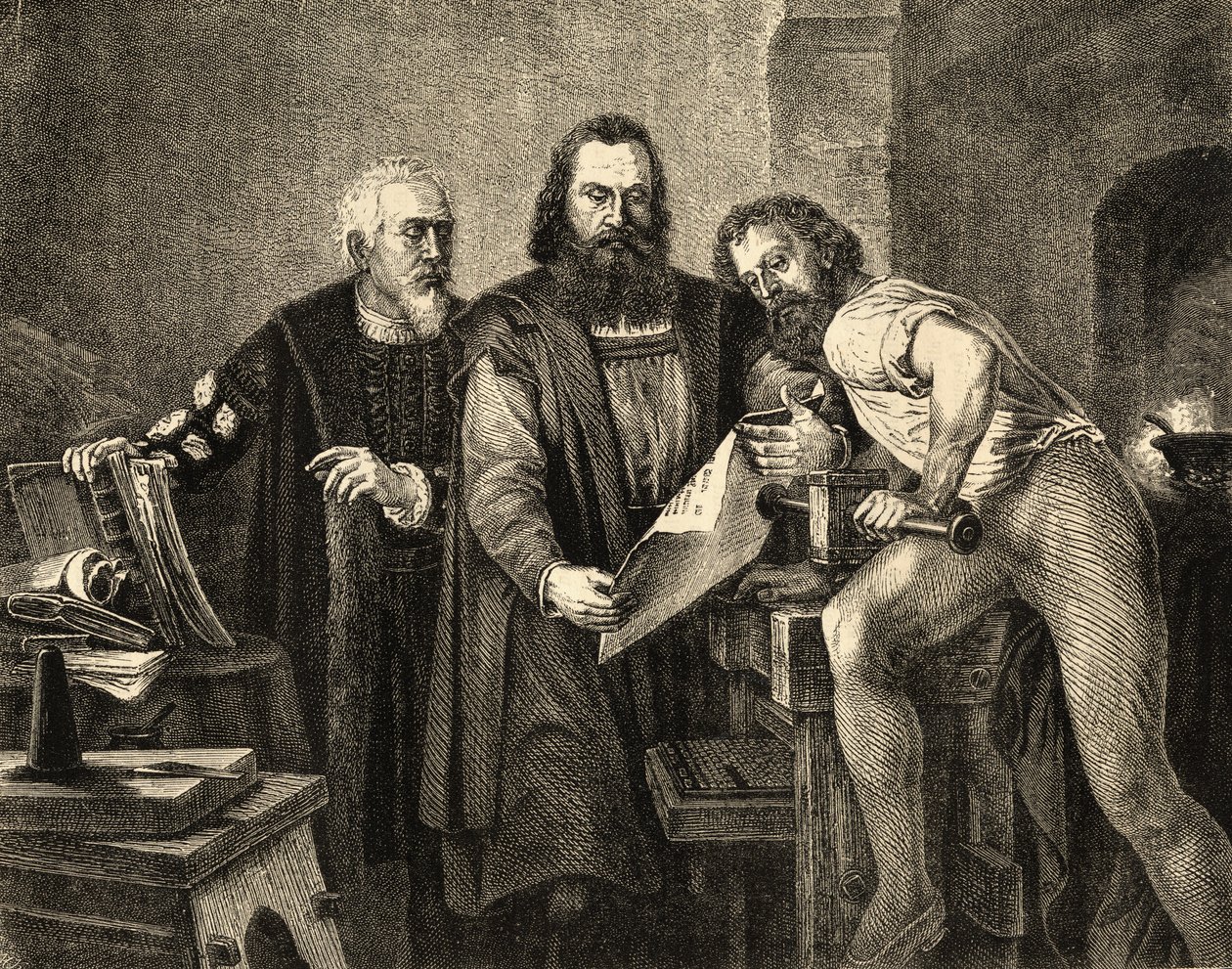 John Faust (ca. 1400-66) John Gutenberg (1400-68) og Peter Schoeffer (ca. 1425-1503) af German School