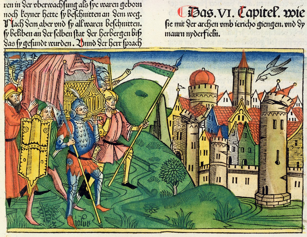 Joshua 6 4-21 Jerikos fald, fra Nürnbergbibelen (Biblia Sacra Germanaica) (farvet træsnit) af German School