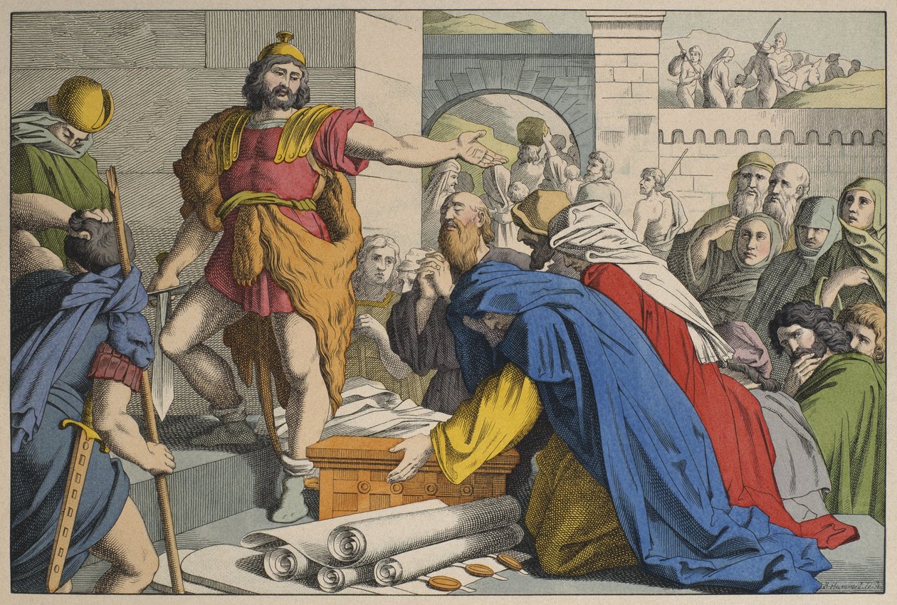 Judas Maccabeus at Maspha, illustration fra LAncien Testamente, udgivet af Jakob Ferdinand Schreiber, Esslingen (farvestik) af German School