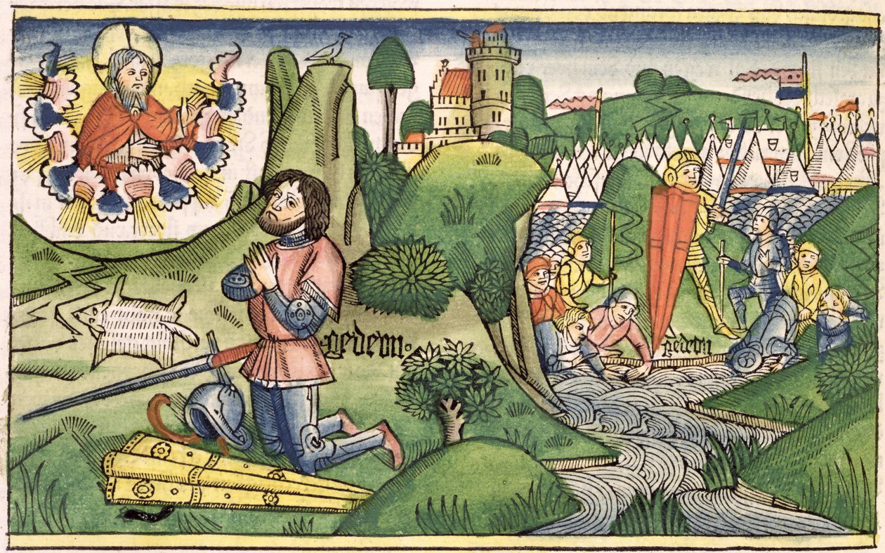 Dommerne 6 36 Gideon lægger ulden frem, fra Nürnbergbibelen (Biblia Sacra Germanaica) (farvet træsnit) af German School