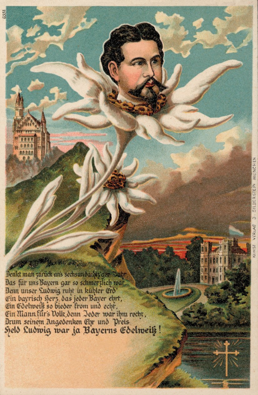 Kong Ludwig II af Bayern afbildet som en edelweiss (chromolitho) af German School