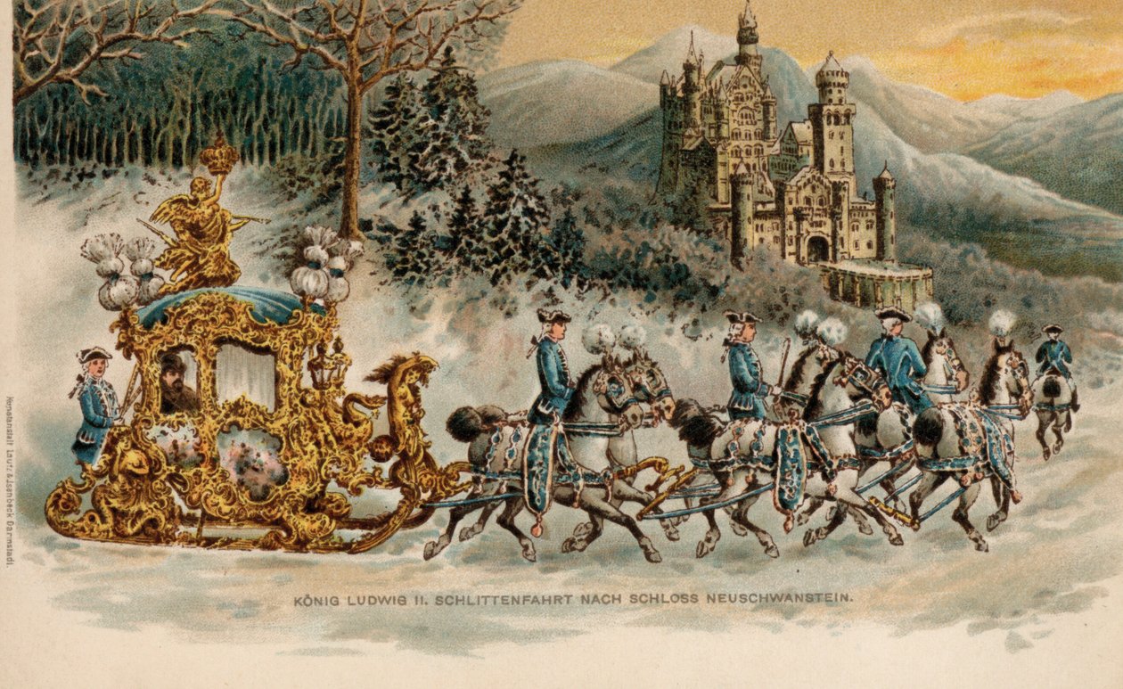 Kong Ludwig II af Bayern på vej til Neuschwanstein Slot i en gylden kane (chromolitho) af German School