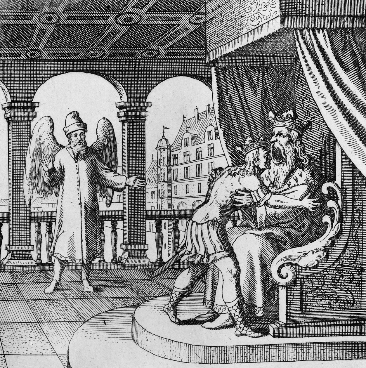King var overlykkelig over prinsens hjemkomst fra Musaeum Hermeticum af German School