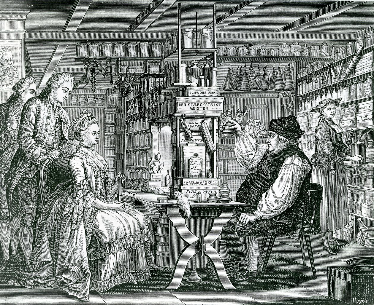 Det rustikke apotek, tryk lavet af Bartolomaus Hubner (1727-1795), 1774 af German School