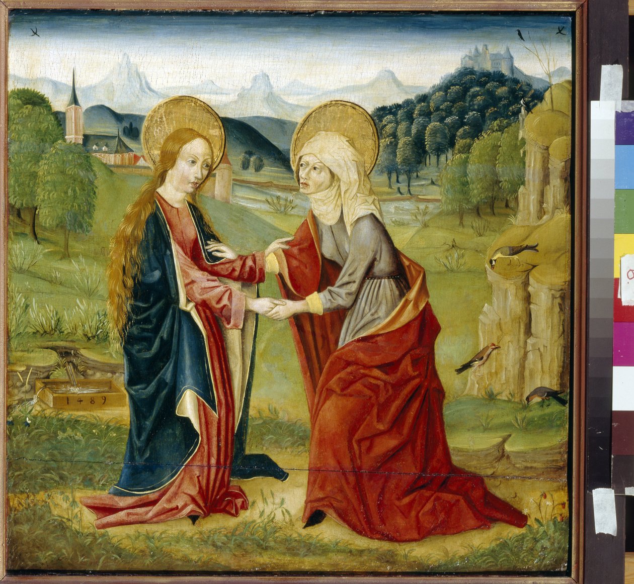 Besøget. (Jomfru Maria besøger sin kusine Sankt Elisabeth, gravid med Sankt Johannes Døberen). Maleri af en mester fra Haut Rhin (aktivt 1400-tal), olie på træ af German School