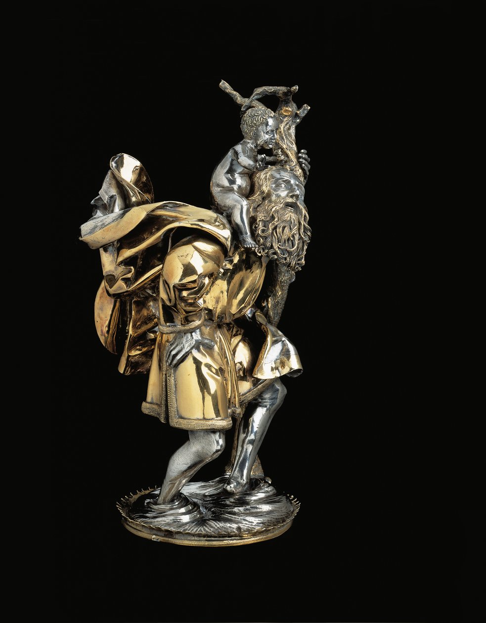 Sengotisk statuette af Sankt Christopher, der støtter Kristusbarnet på sin højre skulder, på en relikviebase, sandsynligvis Augsburg af German School