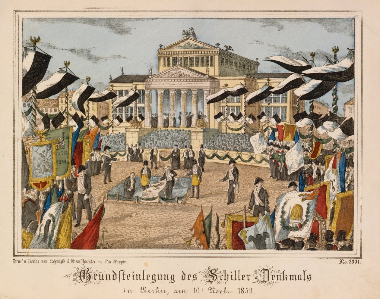 Nedlægning af grundstenen til Schiller-monumentet ved Gendarmenmarkt, Berlin, 10. november 1859, med Schauspielhaus i baggrunden, fra Neuruppiner Bilderbogen, udgivet af Oehmigle & Ri af German School