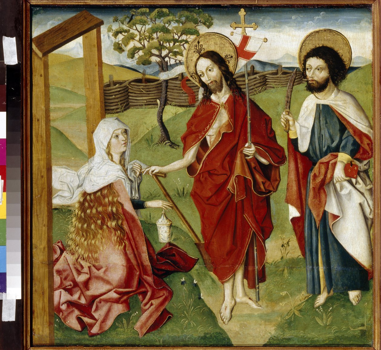 Kristus, Maria Magdalene og Sankt Barthélemy (eller Nathanael, apostel) (Kristus, Maria Magdalene og Sankt Bartolomæus). Kan være en repræsentation af ""Noli me tangere"": visionen om den opstandne Kristus ved Sankt Maria Magdalena. Jesus Kristus holder en af German School