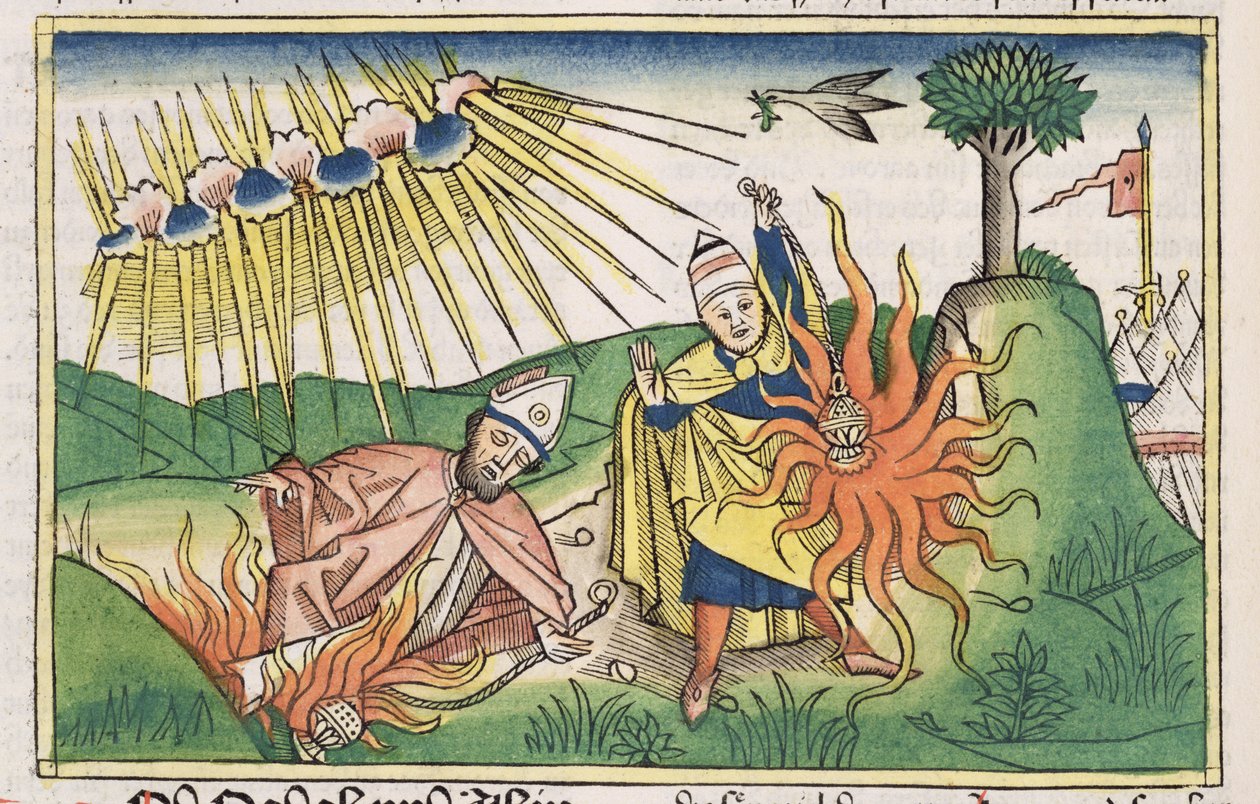 Tredje Mosebog 10 1-2 Nadab og Abihu ofrer uhellig ild og dør, fra Nürnbergbibelen (Biblia Sacra Germanaica) (farvet træsnit) af German School