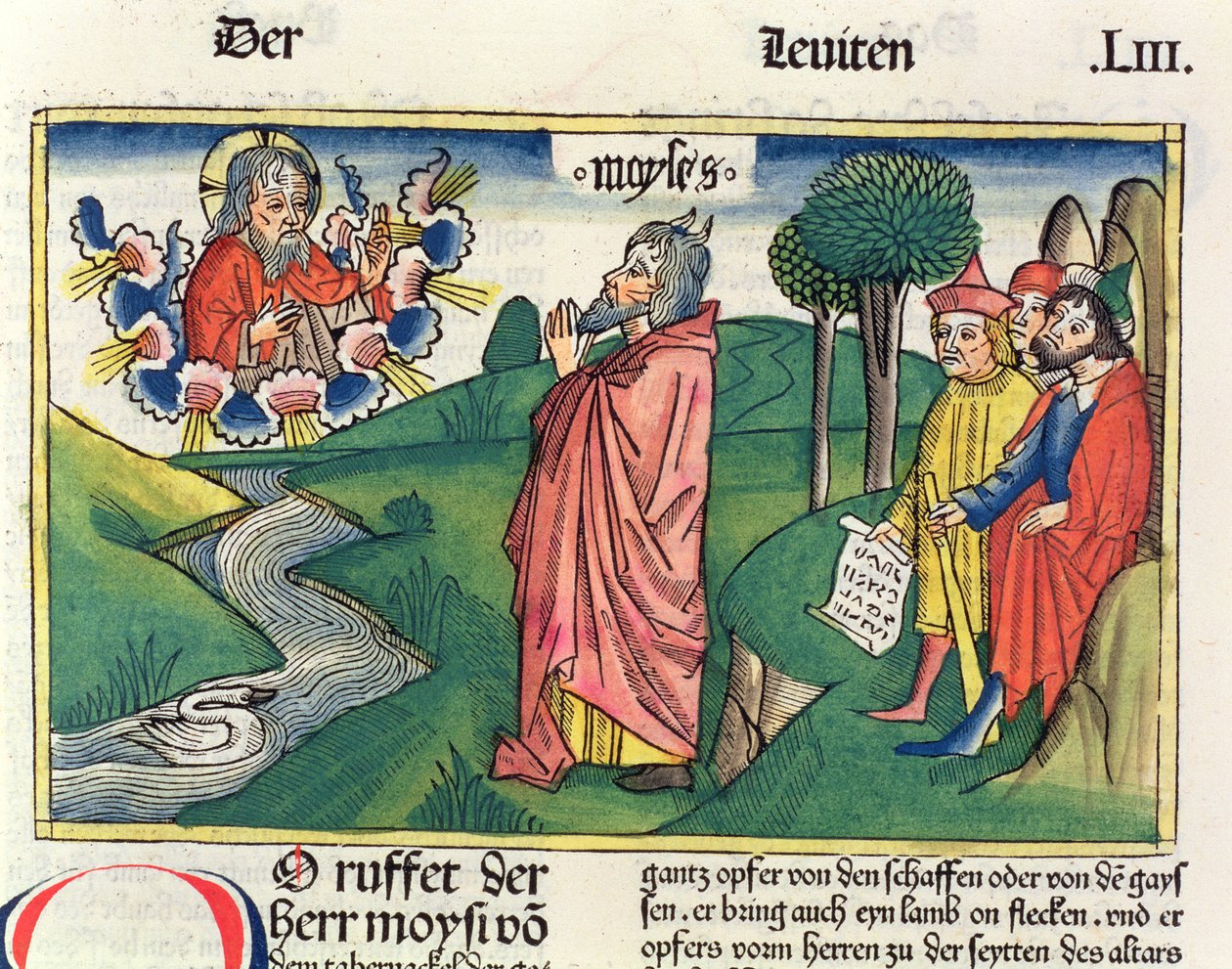 Tredje Mosebog 1 1-7 Loven om tilbud, fra Nürnbergbibelen (Biblia Sacra Germanaica) (farvet træsnit) af German School