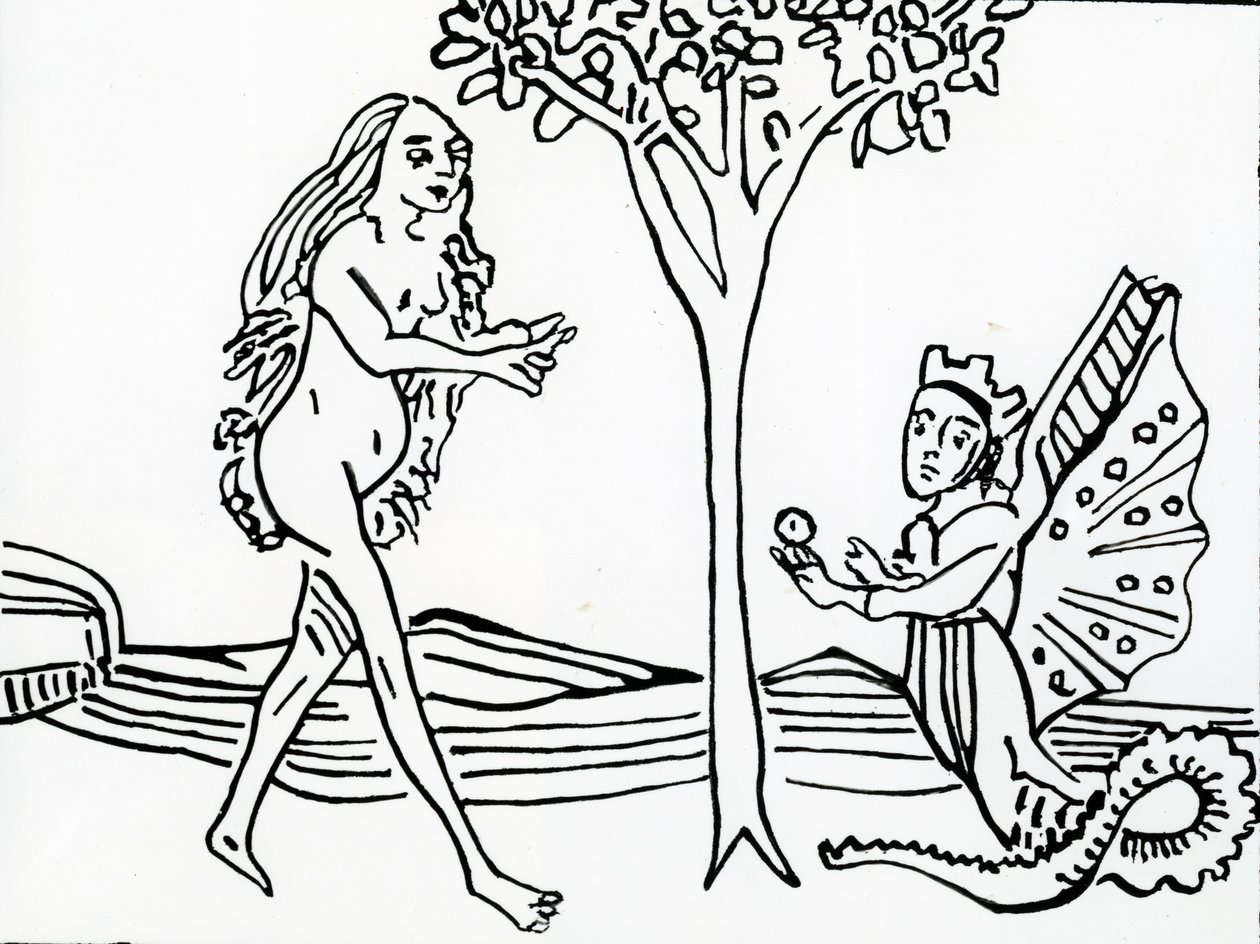 Lilith, bevinget og kronet, med slangehale, tilbyder æblet til Eva, fra 