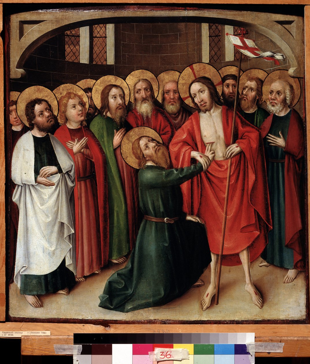 Sankt Thomas vantro. Jesus Kristus holder et hvidt flag (standard) slået med et rødt kors, og hans glorie er markeret med et kors. Maleri af en schwabisk mester (virksom omkring 1500). Olie på træ, 64 x 62 cm, v af German School
