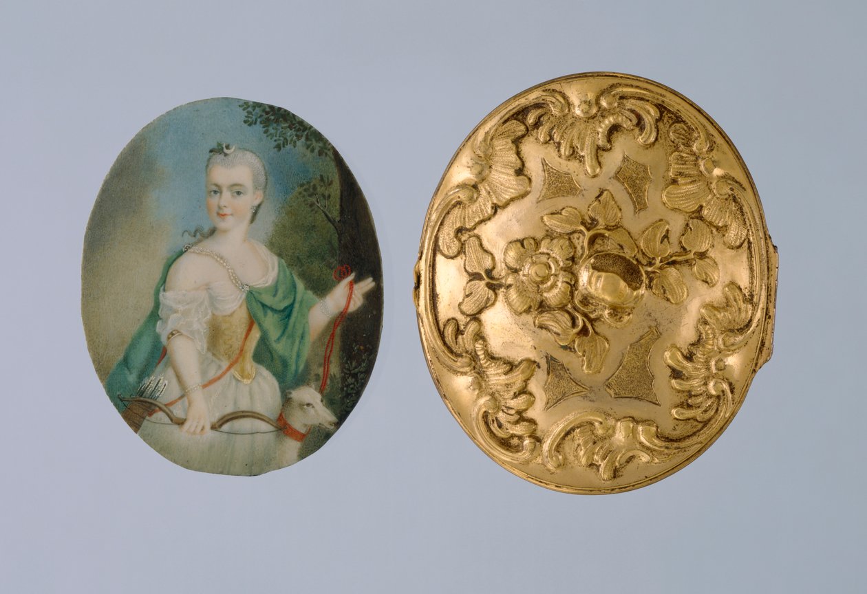 Medaljon med miniature af Wilhelmine som Diana, midten af 1700-tallet (forgyldt messing, elfenben og glas) af German School