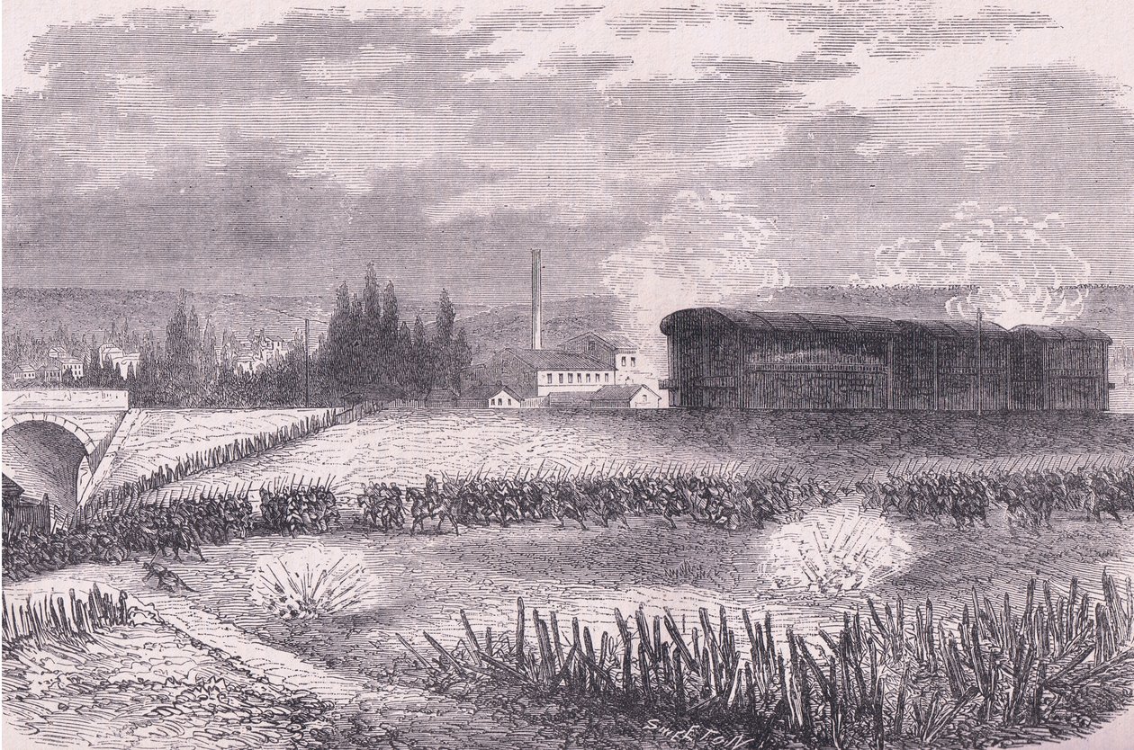 Lokomotivbatterier i aktion, Cassells historie om krigen mellem Frankrig og Tyskland udgivet af Cassell and Company Limited, ca. 1890 (litho) af German School