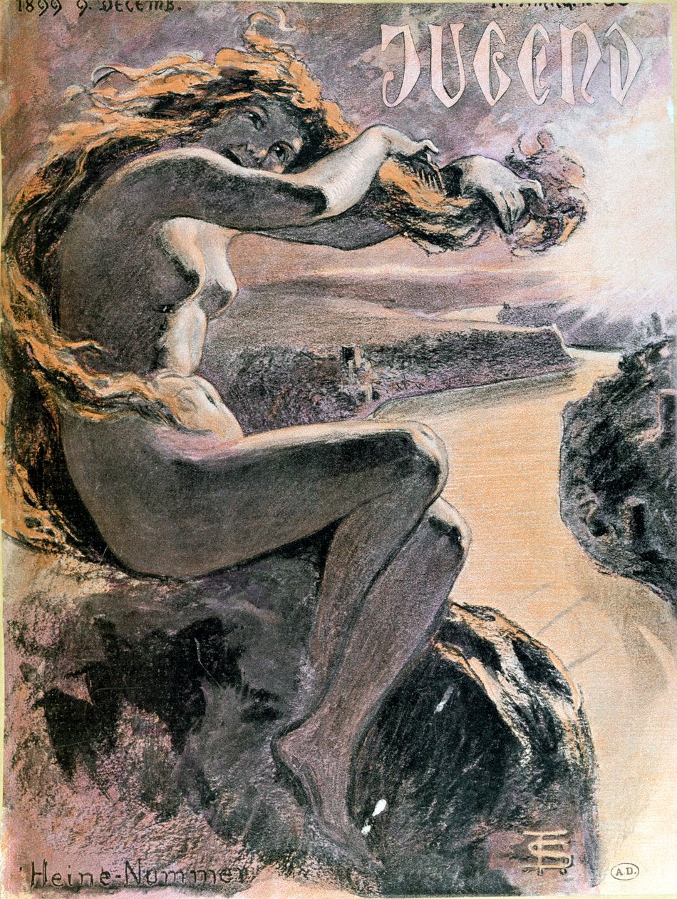 Lorelei and the Rhine River, forsiden af Jugend-magasinets specialnummer helliget digteren Heinrich Heine (1797-1856), 9. december 1899 af German School