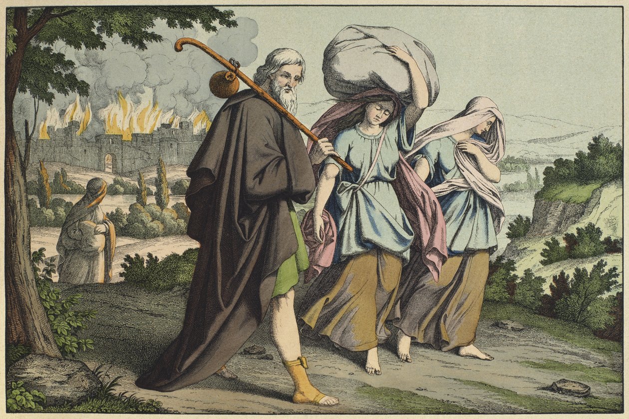 Lot og hans døtre på flugt, illustration fra LANcien Testamente, udgivet af Jakob Ferdinand Schreiber, Esslingen (farvestik) af German School