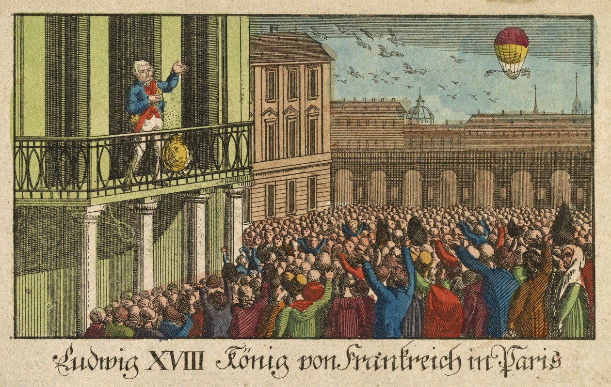 Louis XVIII konge af Frankrig i Paris, pub. 1814 (håndfarvet gravering) af German School
