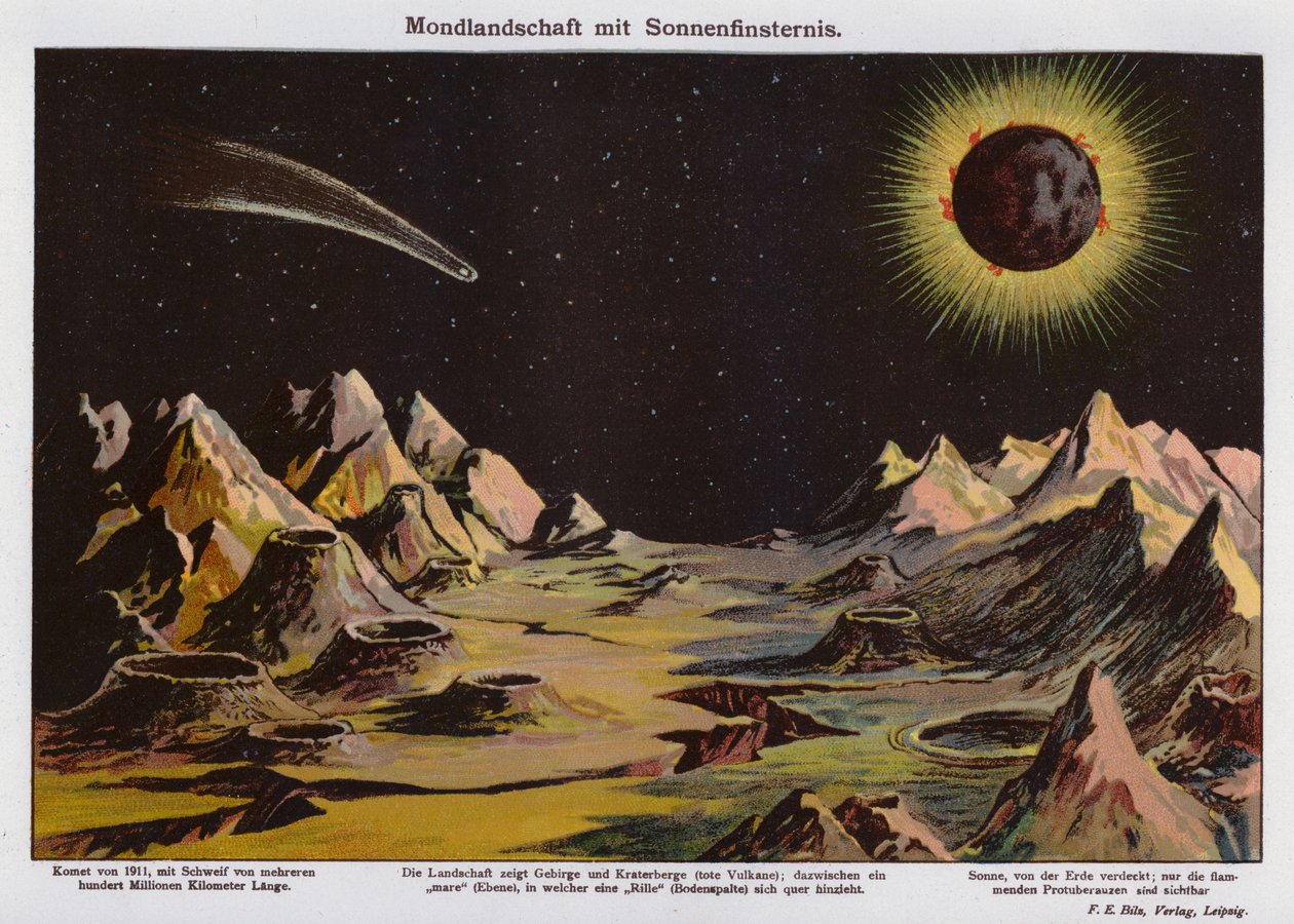 Månelandskab, solformørkelse og kometen fra 1911 (farvelitografi) af German School