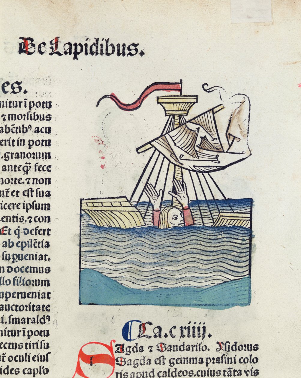 Mand går ned i en skibbrudt båd, illustration fra Hortus Sanitatis, 1491 (farvet træsnit) af German School