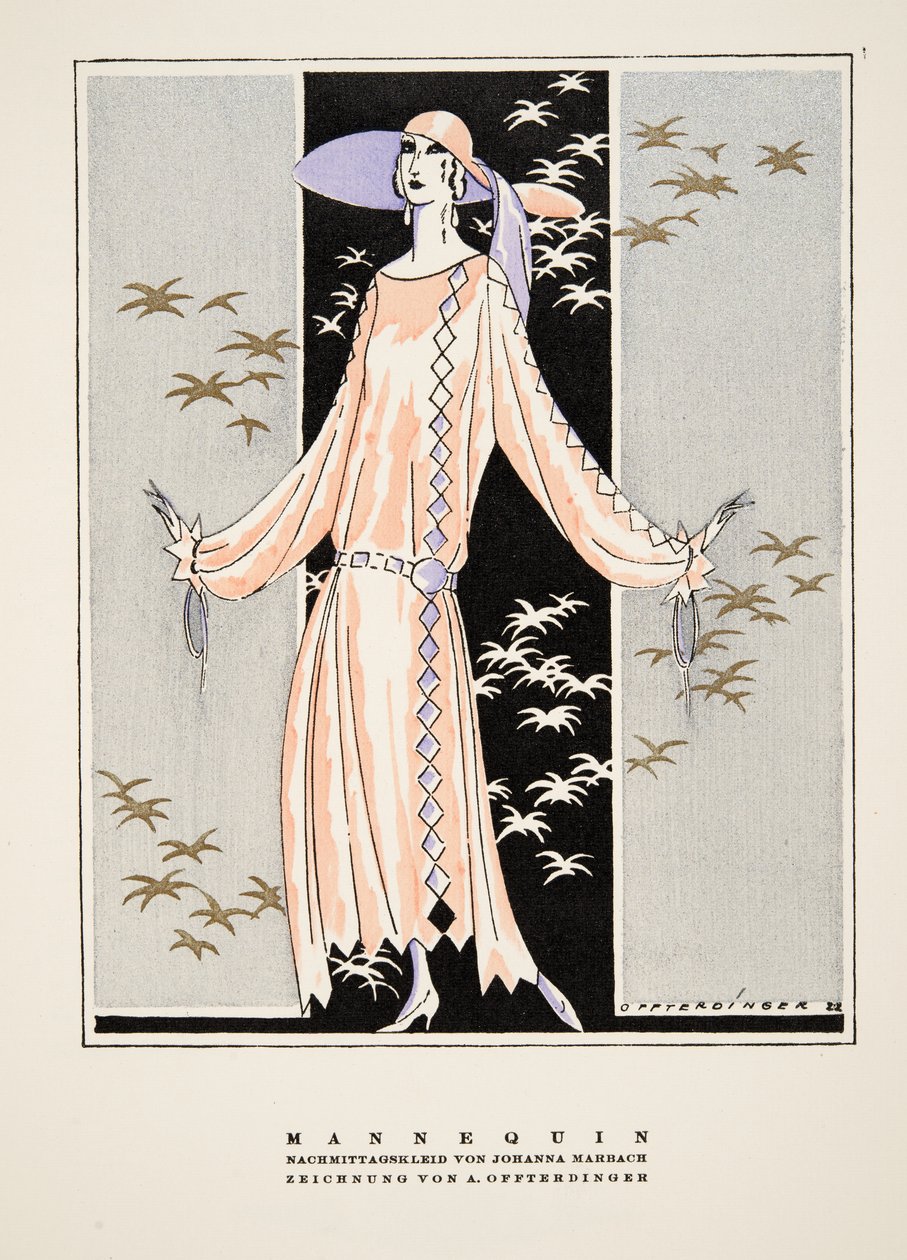 "Mannequin", reklame for kjole af Johanna Marbach, fra Styl, pub.1922 (pochoir print) af German School