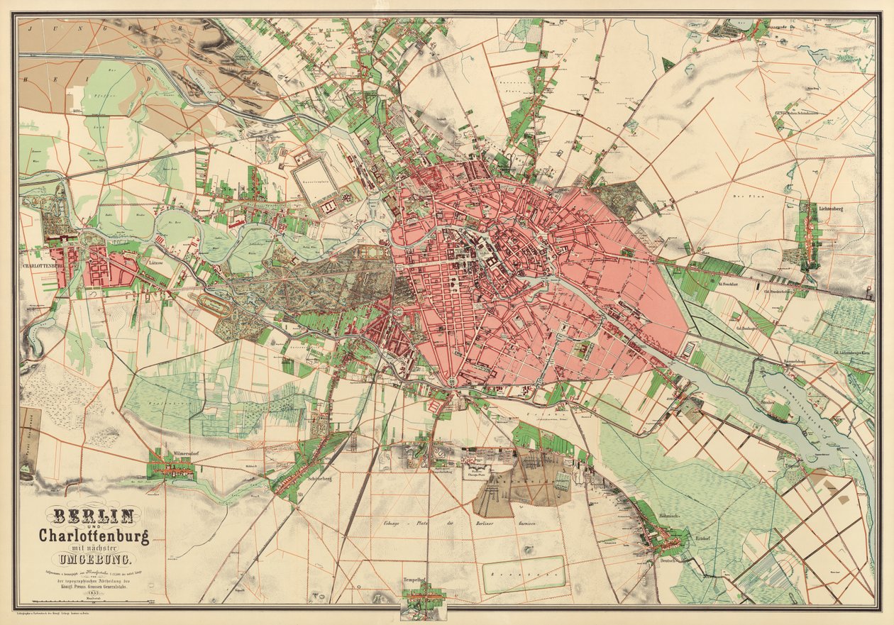 Kort over Berlin, trykt af Koenigl. Lithogr. Institut, Berlin, 1857 af German School
