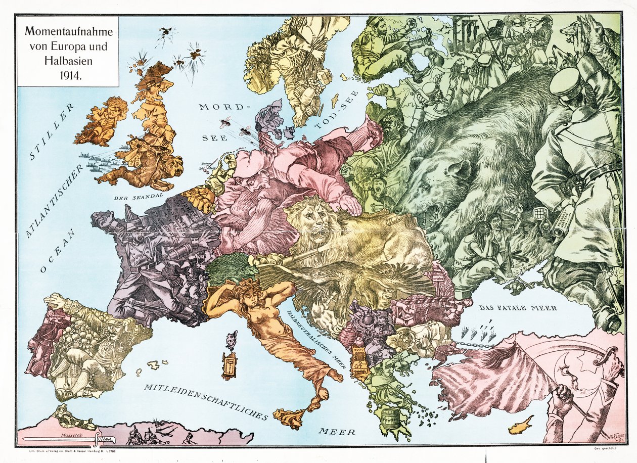 Kort over Europa i 1914, pub.1915 (farvelitografi) af German School