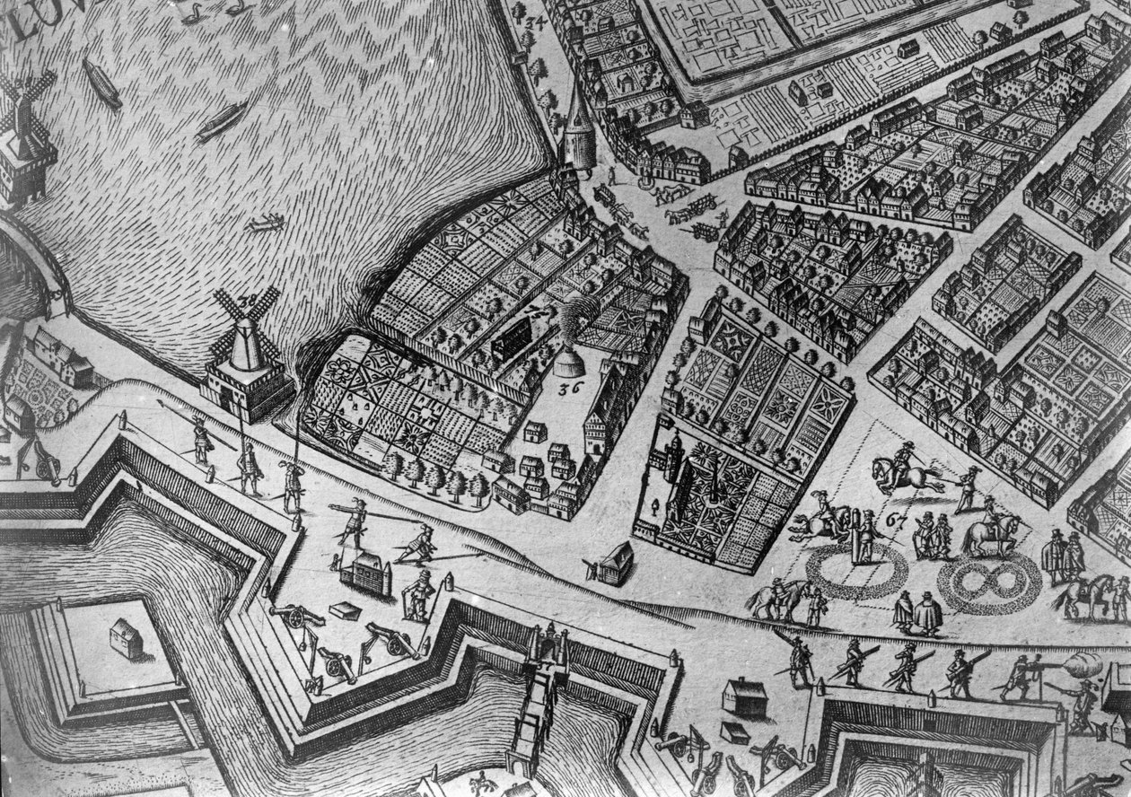 Kort over Hamborg, der viser dets første operahus, 1690 af German School