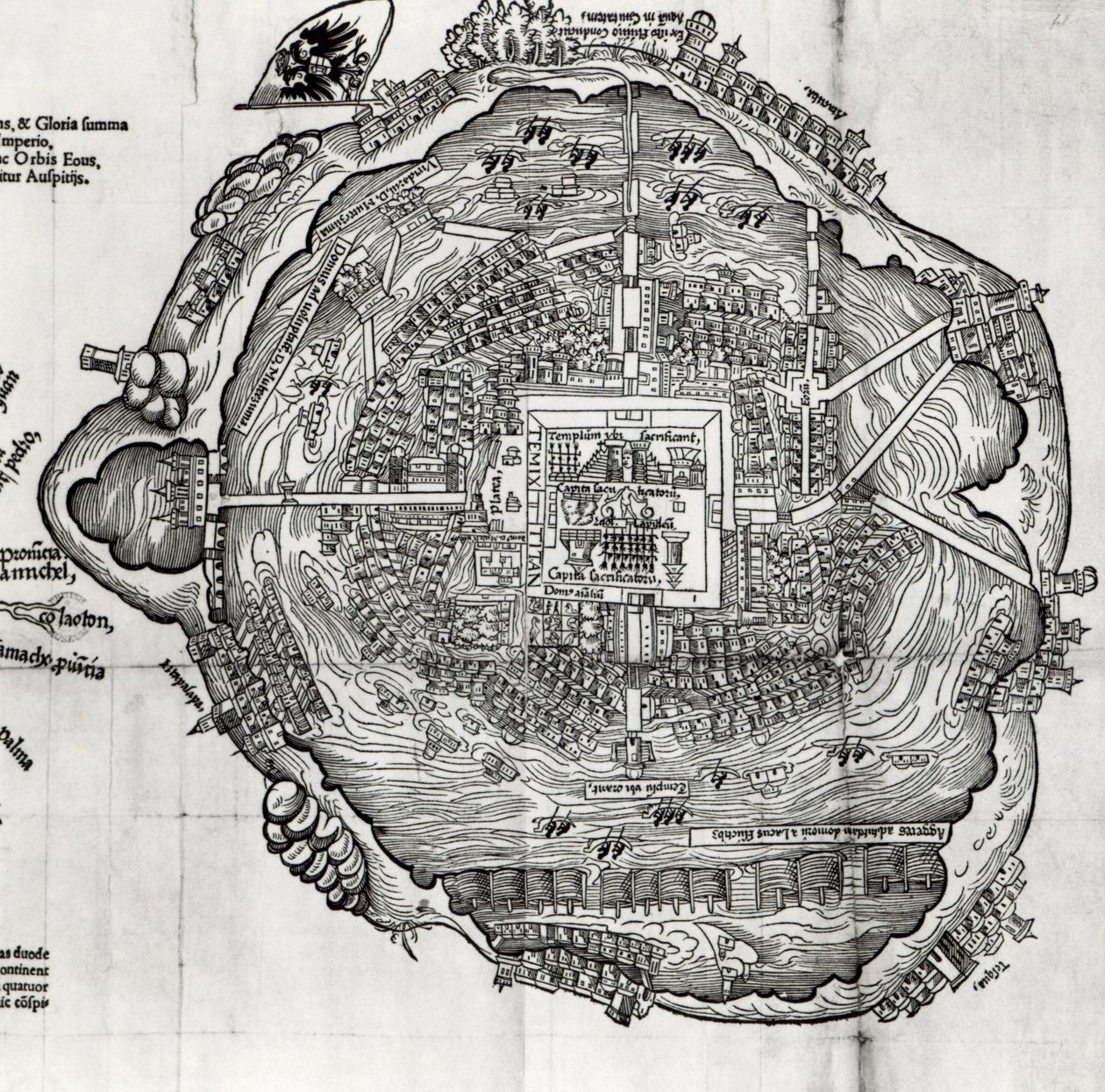 Kort over Tenochtitlan fra "Praeclara Ferdinandi Cortesii de Nova Maris Oceani Hispania Narrati af German School