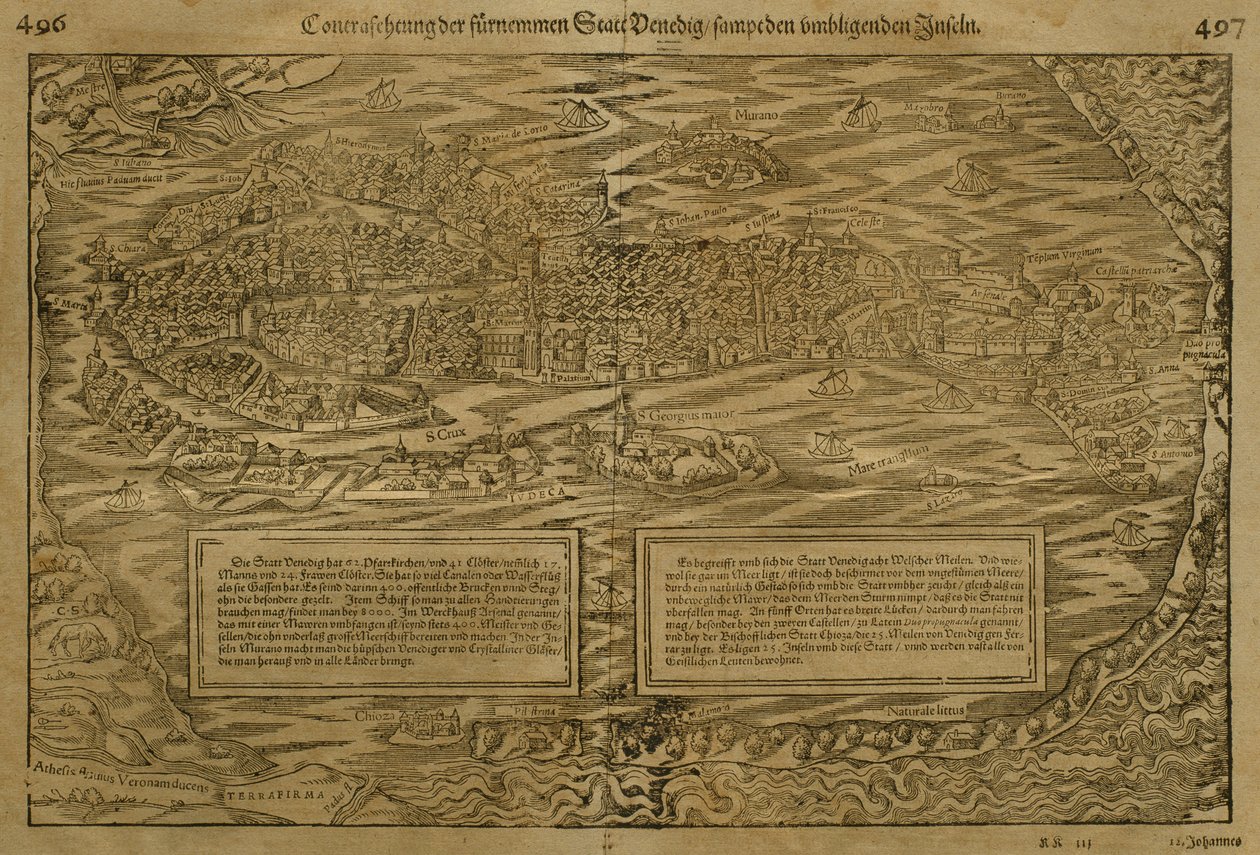 Kort over Venedig, af Sebastian Munster (1488-1552) udgivet i Basel, ca. 1560 af German School