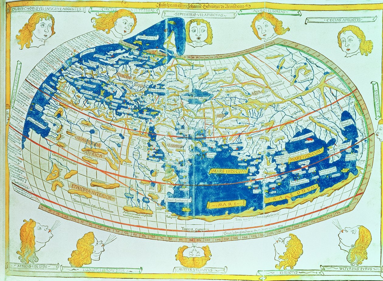 Kort over verden, baseret på beskrivelser og koordinater givet i "Geographia", af Ptolemæus (Claudius Ptolemaeus af Alexandria) (ca. 90-168 e.Kr.), udgivet i Ulm, Tyskland af German School