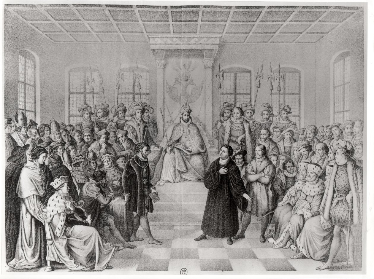 Martin Luther foran Charles V (1500-58) ved rigsdagen i Worms, 16. april 1521, fra 