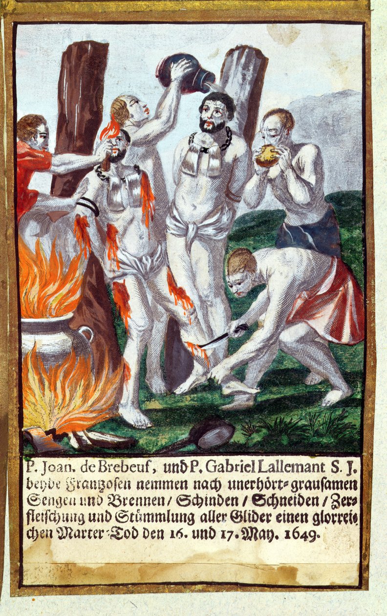Martyrium af Jean de Brebeuf og Gabriel Lalemant af Iroquois, i Nouvelle-France 1649, fra Jesuits Martyrology, 1688 af German School