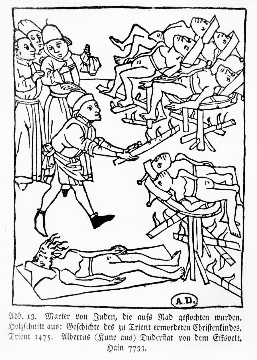 Martyrium for jøder på rattet, fra Historien om det kristne barn myrdet i Trent, udgivet i Trent af Albertus Kune, 1475 af German School