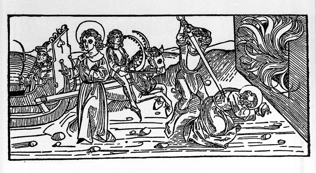 Martyrium af Sankt Polycarp af Smyrna (ca. 69-155), eveque. Gravering fra "Leben der Heiligen - Sommerteil (helgenbogen)" af Jacobus (James) af Voragine (1228-1298) af German School