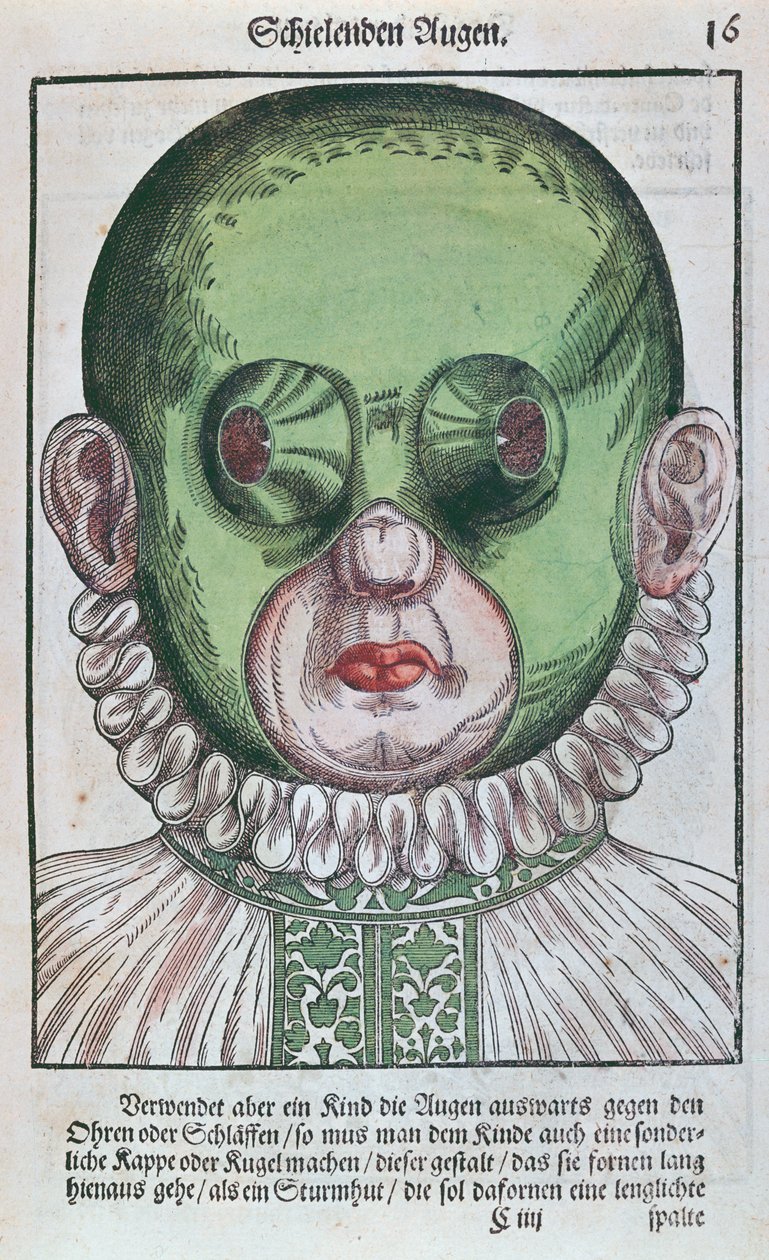 Maske til behandling af strabismus, fra Ophthalmodouleia af Georg Bartisch (1535-1636) udgivet i Dresden i 1583 (træblok i farver) af German School